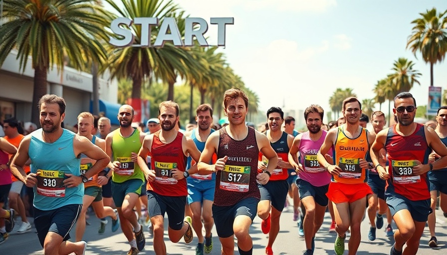 Energetic Surf City Marathon runners under starting line.