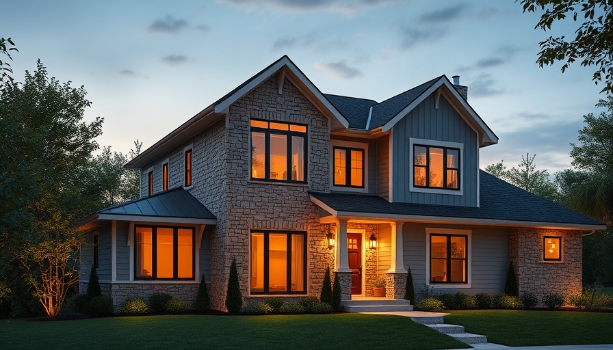 Modern home with mixed siding options and warm lighting