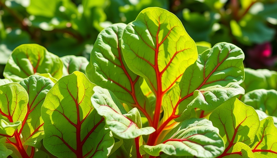 Close-up of vibrant Swiss chard with red stems in a garden, highlighting its lush growth.