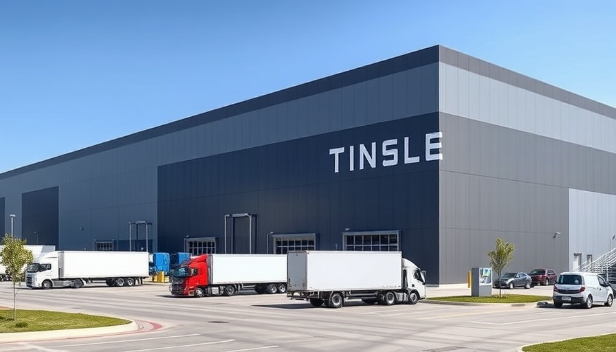 Somerset Gigafactory modern exterior with vehicles and logo.