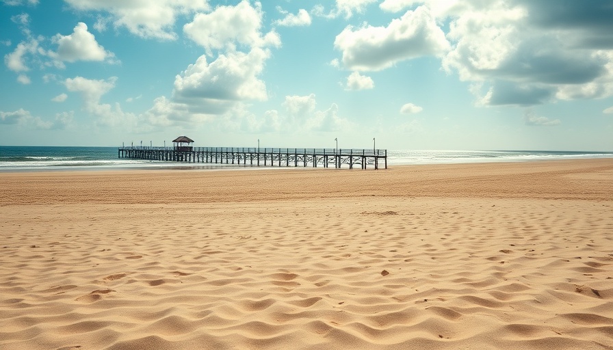Newport Beach pier and sandy shore under blue sky.