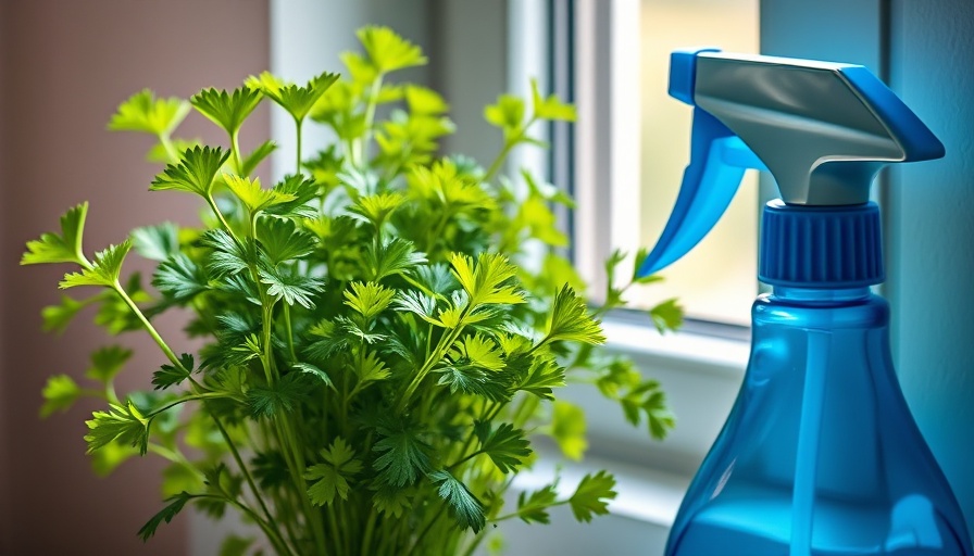 Lush indoor cilantro plant beside blue spray bottle on windowsill.