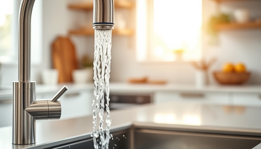 Modern kitchen faucet with running water, focus on aerator.