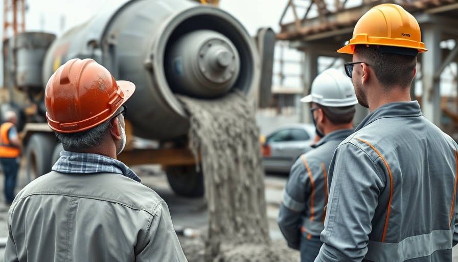 Construction workers handling zero-carbon cement at a busy site.