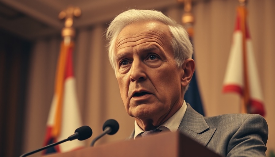 Serious older man speaking at podium about Trump Tariffs.