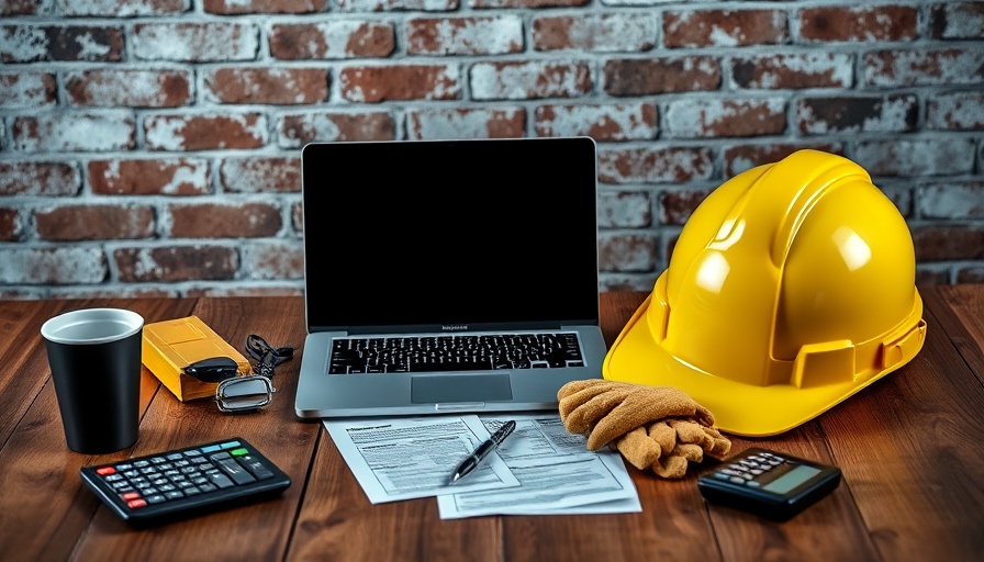 Construction planning workspace with laptop and gear, lowest bidder context.