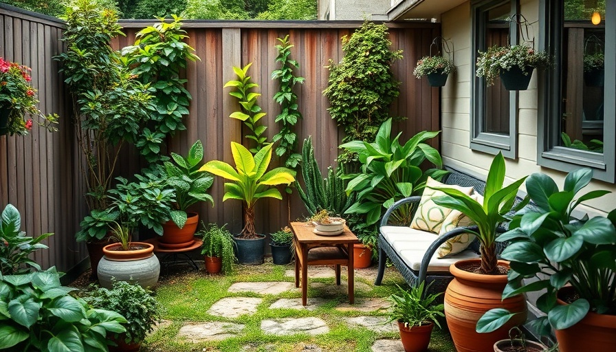 Charming small yard with cozy seating and lush greenery.