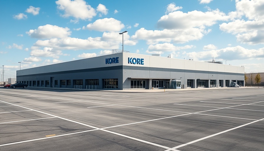 Kore Power battery plant exterior with parking lot under cloudy sky.