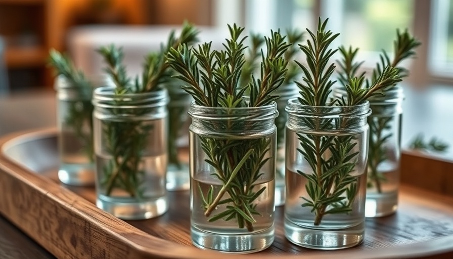 Rosemary cuttings in glass vials for propagating rosemary indoors.