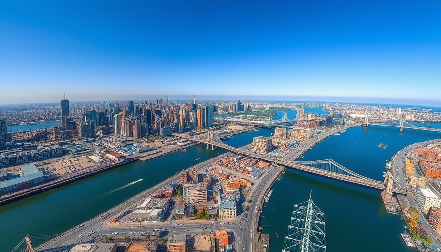 Aerial view of Brooklyn Navy Yard and NYC skyline.