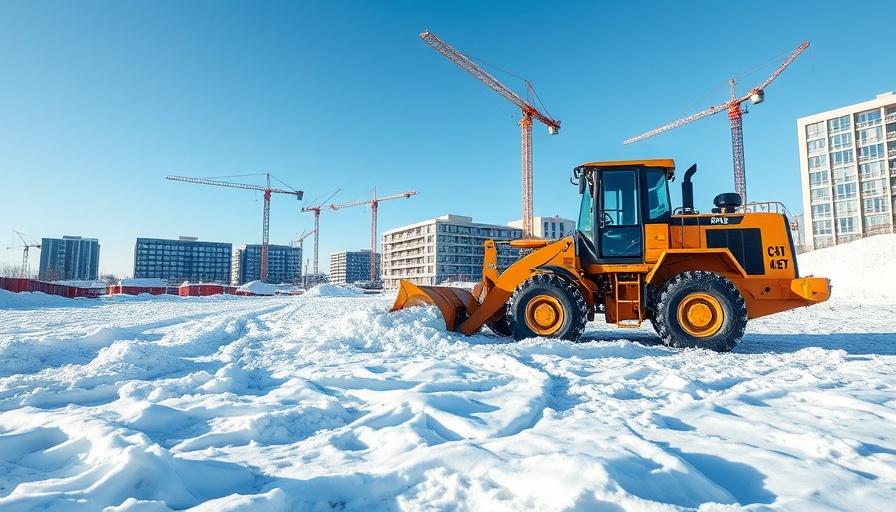 Bulldozer clearing snow on construction site, cranes and buildings visible.