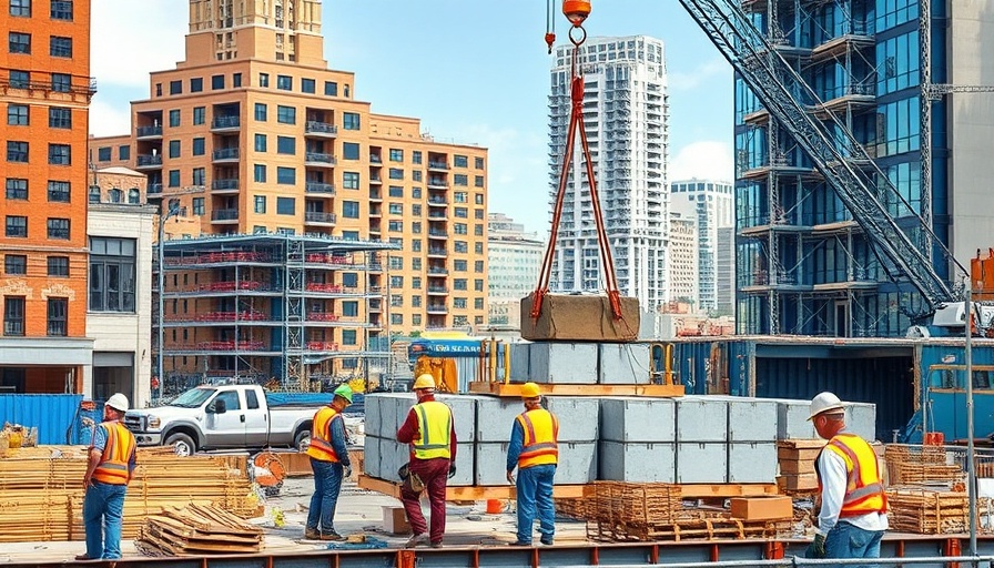 New Orleans River District construction with crane and workers in action