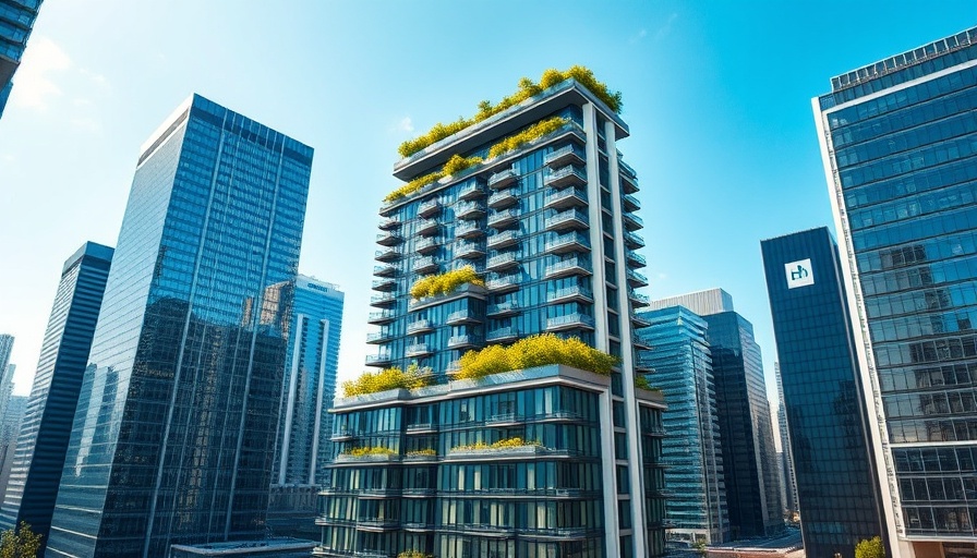 Modern retrofit tower with green rooftops in urban skyline.