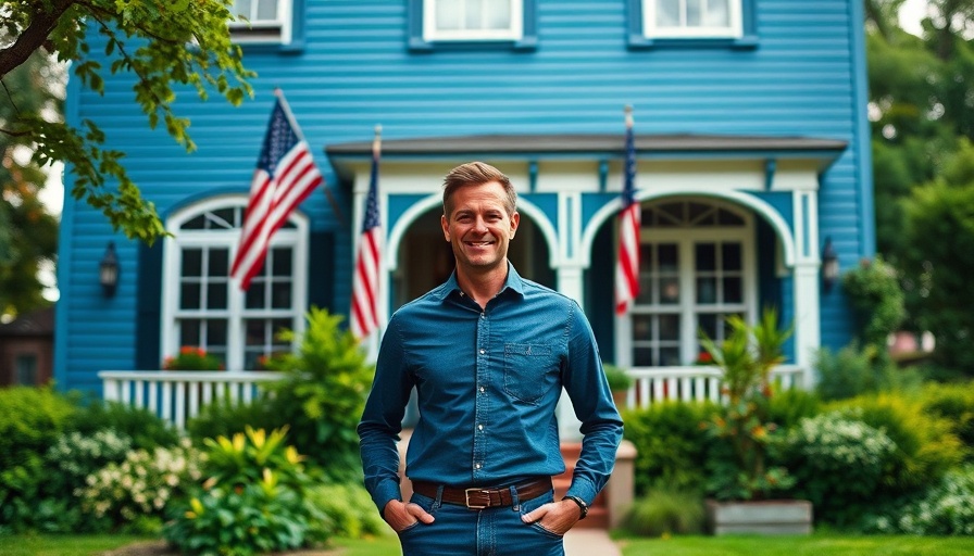 Confident man standing in front of a blue house with U.S. flag.