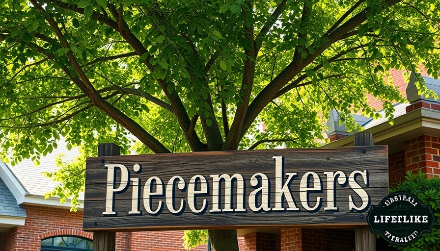 Piecemakers country store sign under tree branches.