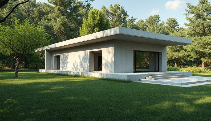 Frank Lloyd Wright Pew House in lush greenery, photorealistic view.