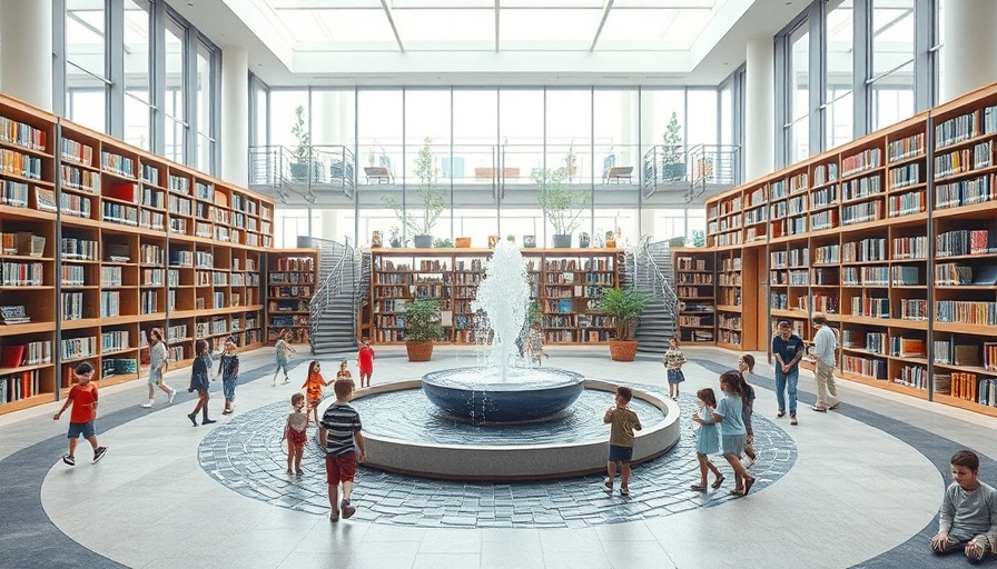 Huntington Beach library interior with water feature and playing children