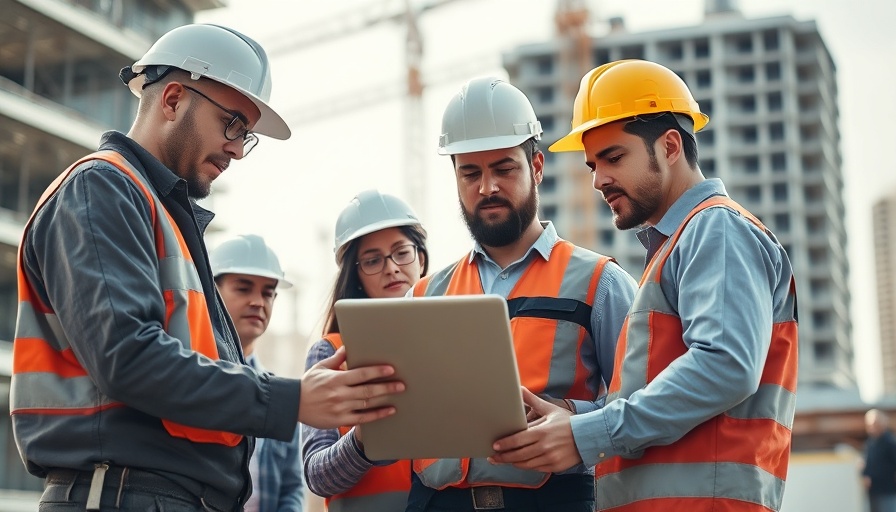 Construction workers discussing cybersecurity strategies on site.