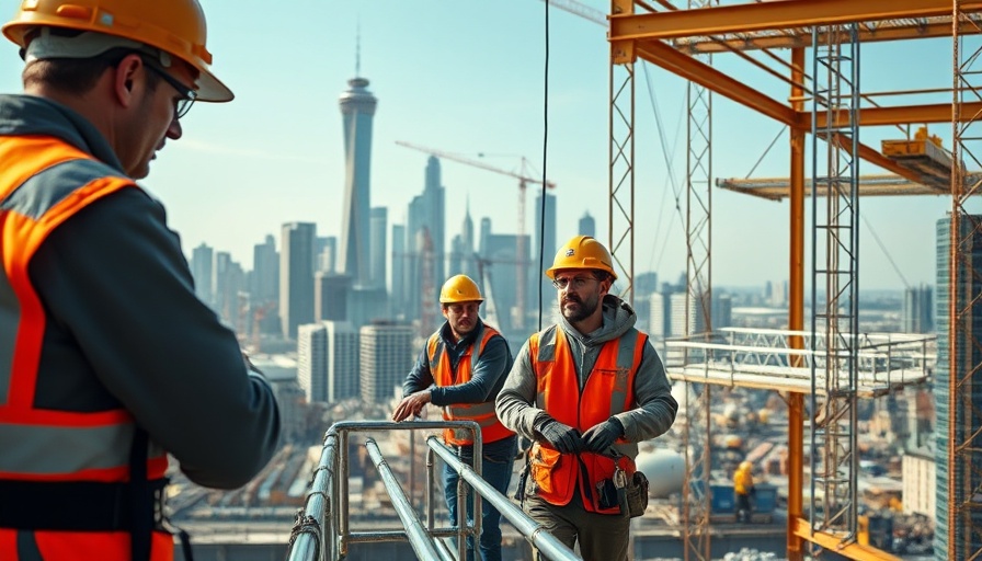 Construction workers on scaffolding amid cost surge and tariffs.