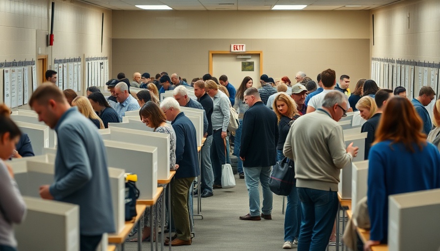 Huntington Beach voters and staff at election station.