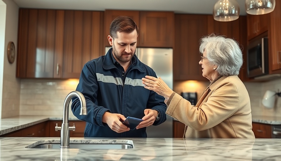 Home technician discussing service plan with customer in kitchen.