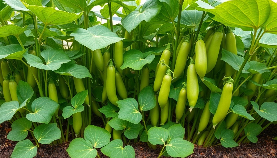 Healthy fava bean plants growing in a garden with vibrant green pods.