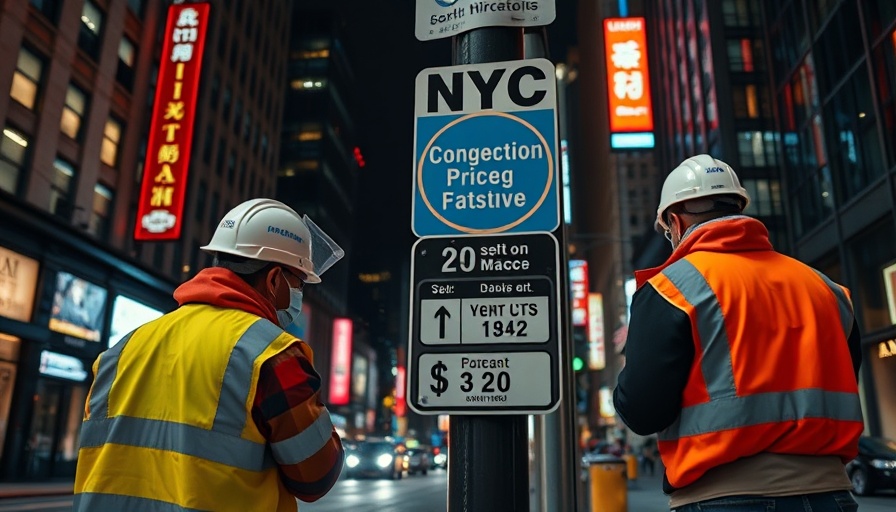 NYC Congestion Pricing workers inspect sign in vibrant city at night.