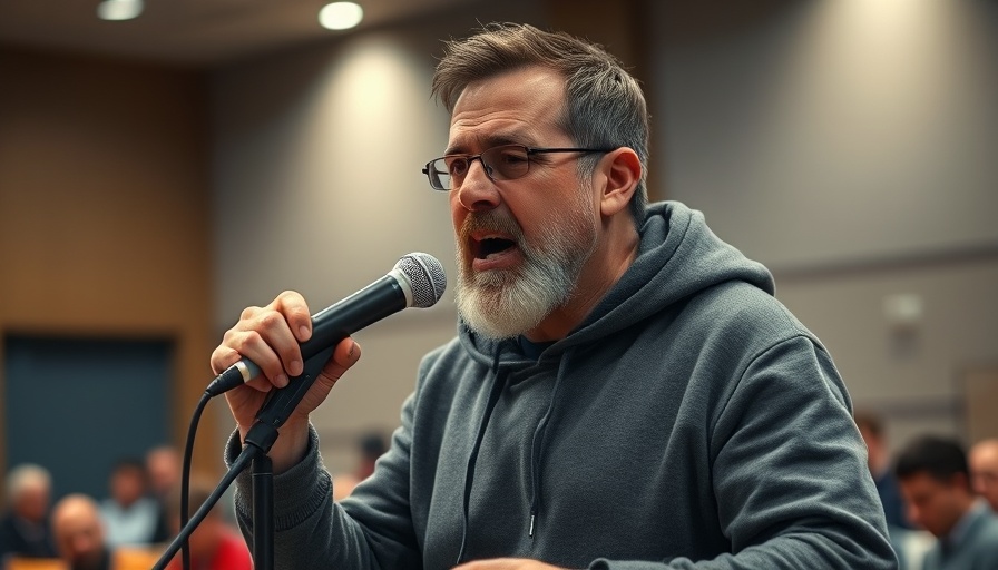 Middle-aged man at podium speaking passionately in meeting room.
