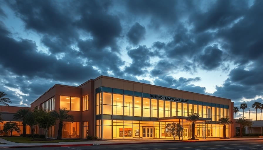 Huntington Beach library initiatives election illuminated at dusk