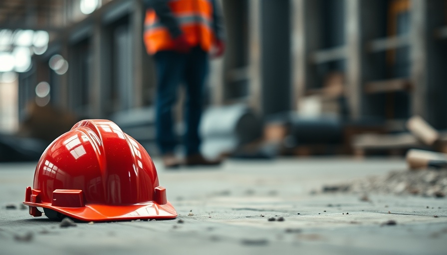 Red construction helmet and blurred worker at site