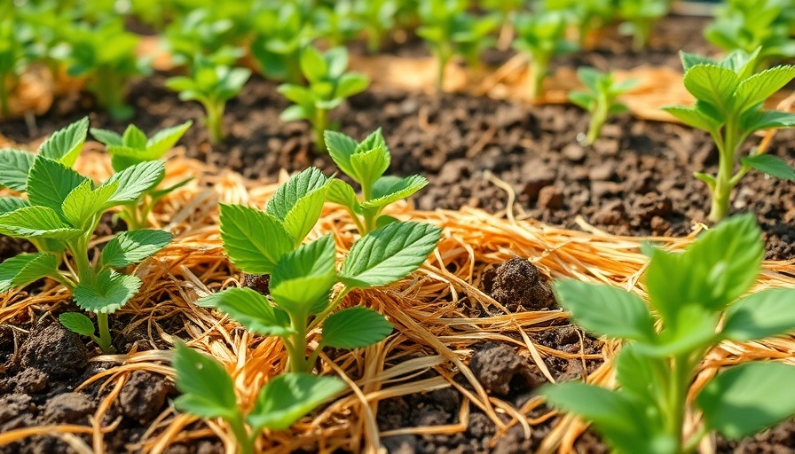 Potato plants growing through straw in a garden bed.