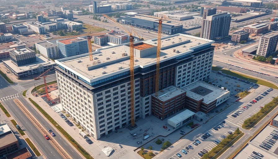 Aerial view of Hoag Hospital expansion construction with buildings.