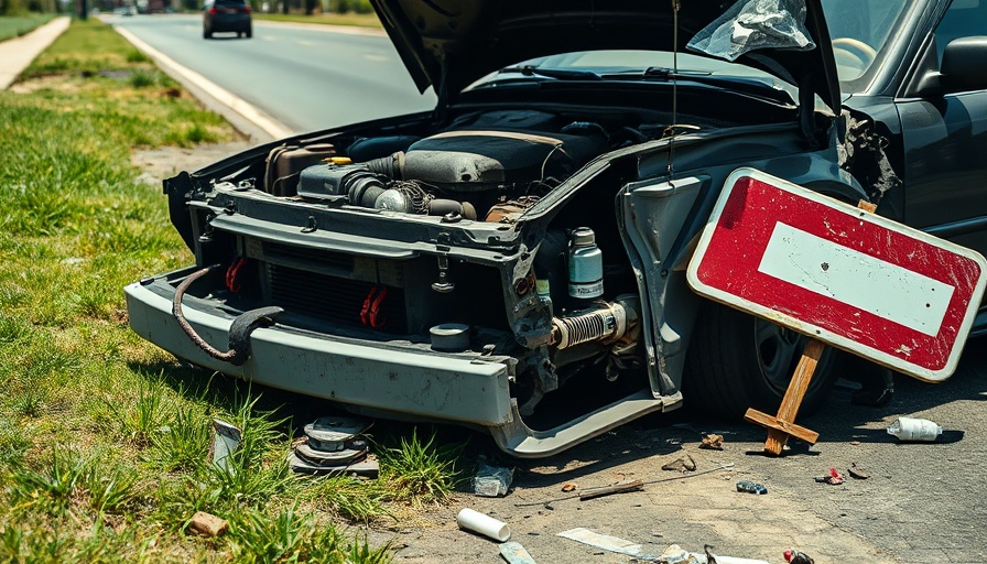 Newport Beach crash scene with vehicle debris and fallen sign.