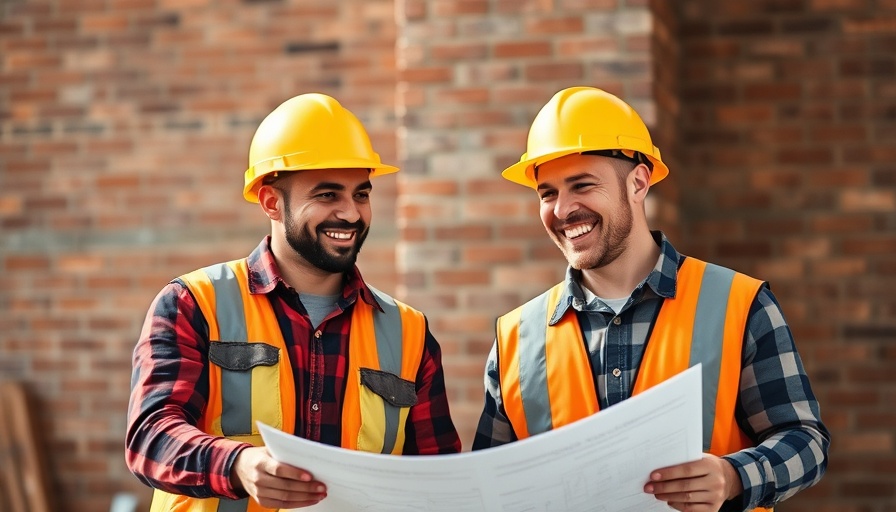 Construction workers reviewing plans for reducing risk in commercial construction.