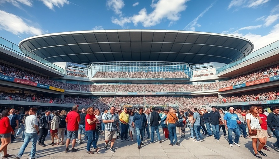 Modern stadium with fans tailgating, January 2025 start.
