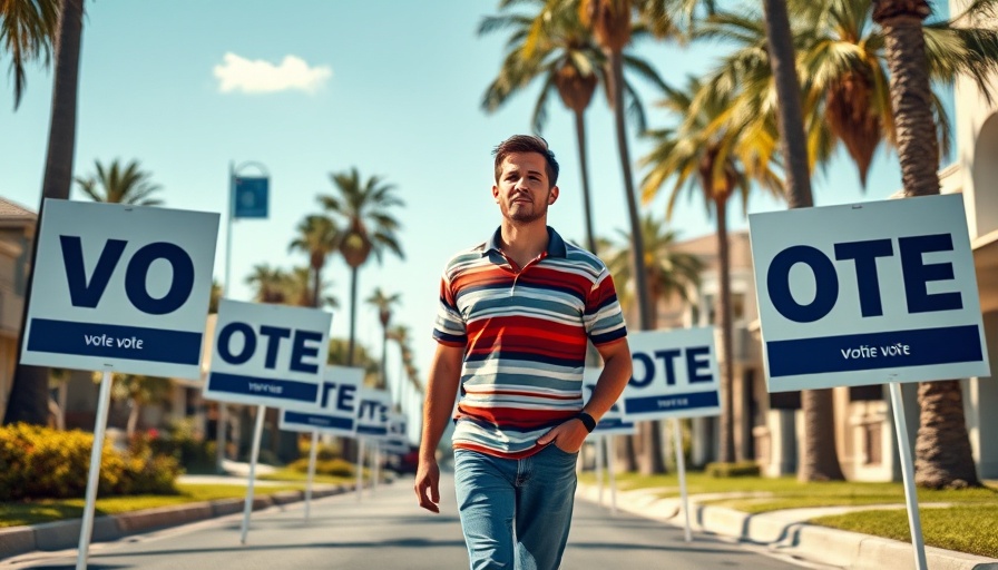Huntington Beach Voter ID Law: person passing voting signs.