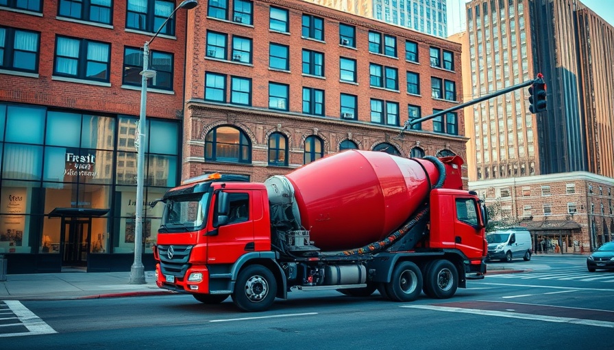 Concrete mixer truck at city intersection, urban construction scene.