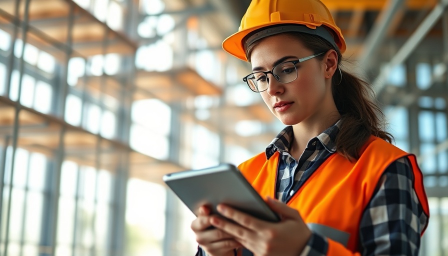 Construction worker using tablet on site, Contech investment trends.