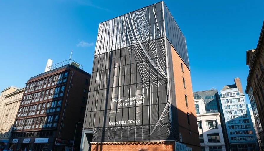 Grenfell Tower wrapped with commemorative message under a blue sky.