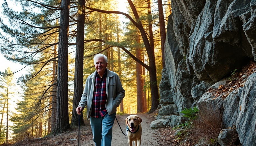 Man walking dog on nature trail, highlighting benefits of walking in nature.
