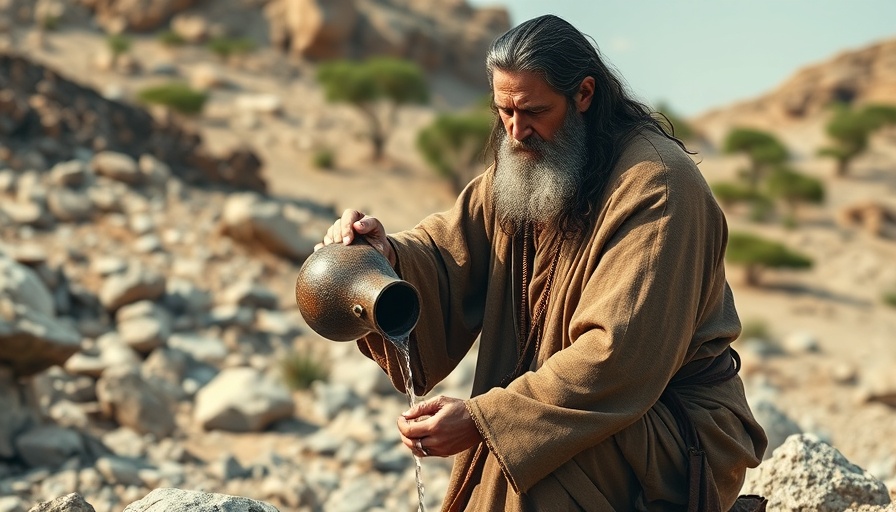 Elderly man pouring water over a young man's head in a historical setting.