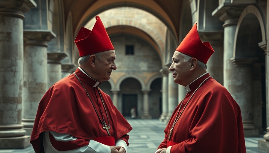 Two cardinals having a conversation in a historic courtyard, Oscars with Attitude.
