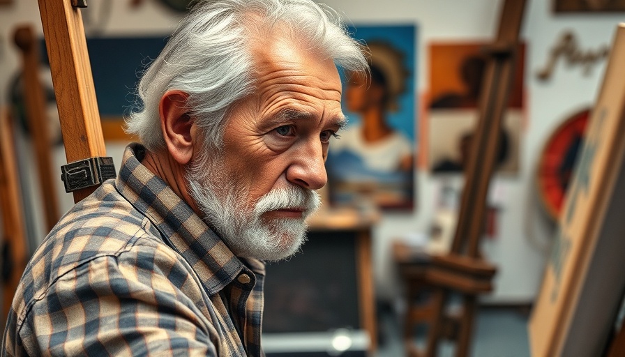 Older adult artist painting in studio.