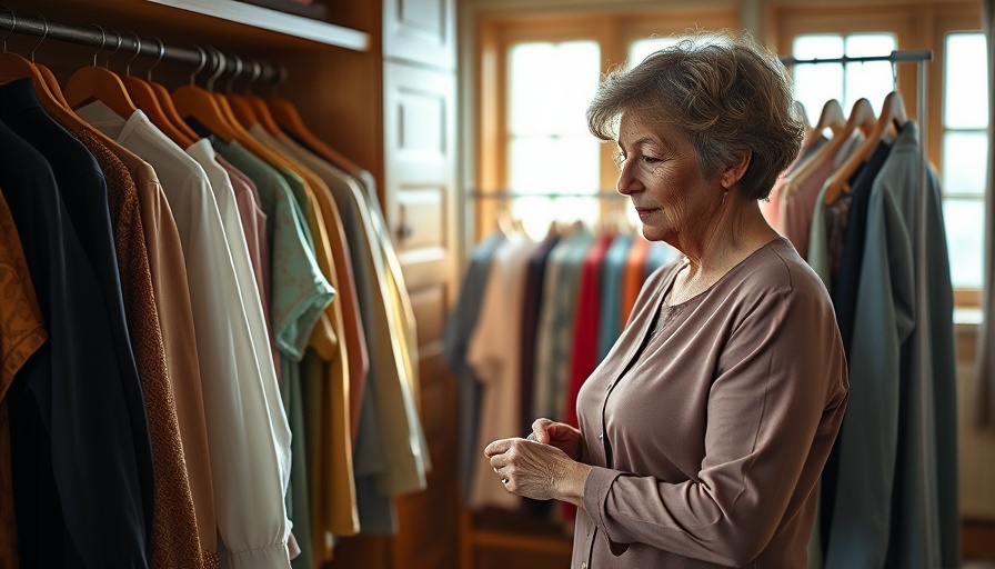 Fashion Folly: Mature woman choosing clothes from a wardrobe.