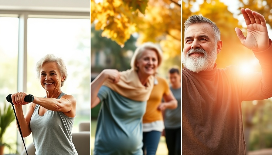 Collage showing ways for seniors to stay active with exercise and outdoor activities.