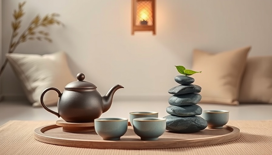 Mindfulness for seniors zen tea setup with stones, lantern, and cushions.
