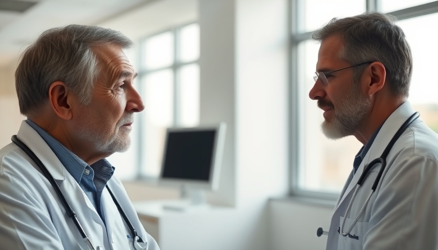 Elderly man consulting doctor about eye health in clinic.