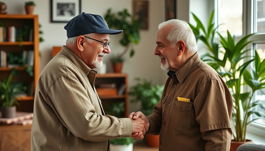 Veteran and visitor in warm handshake for National Salute to Veteran Patients Week.