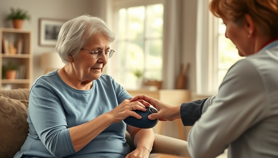 Senior heart health care at home, healthcare worker checks blood pressure.