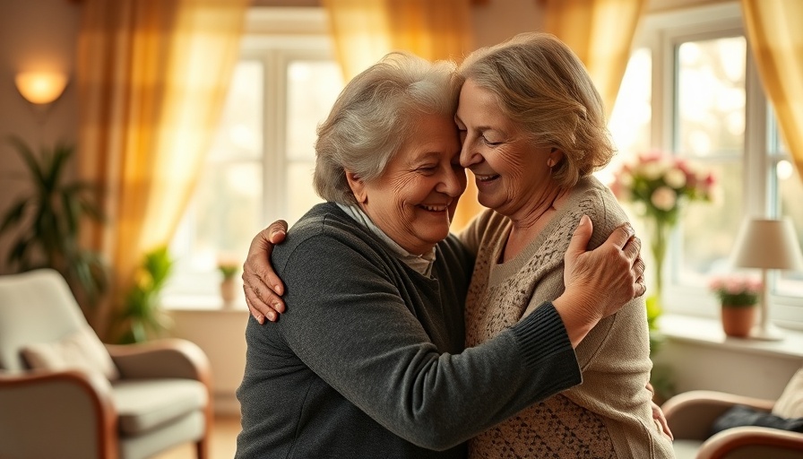 Elderly woman and younger woman showing affection in a nursing home.